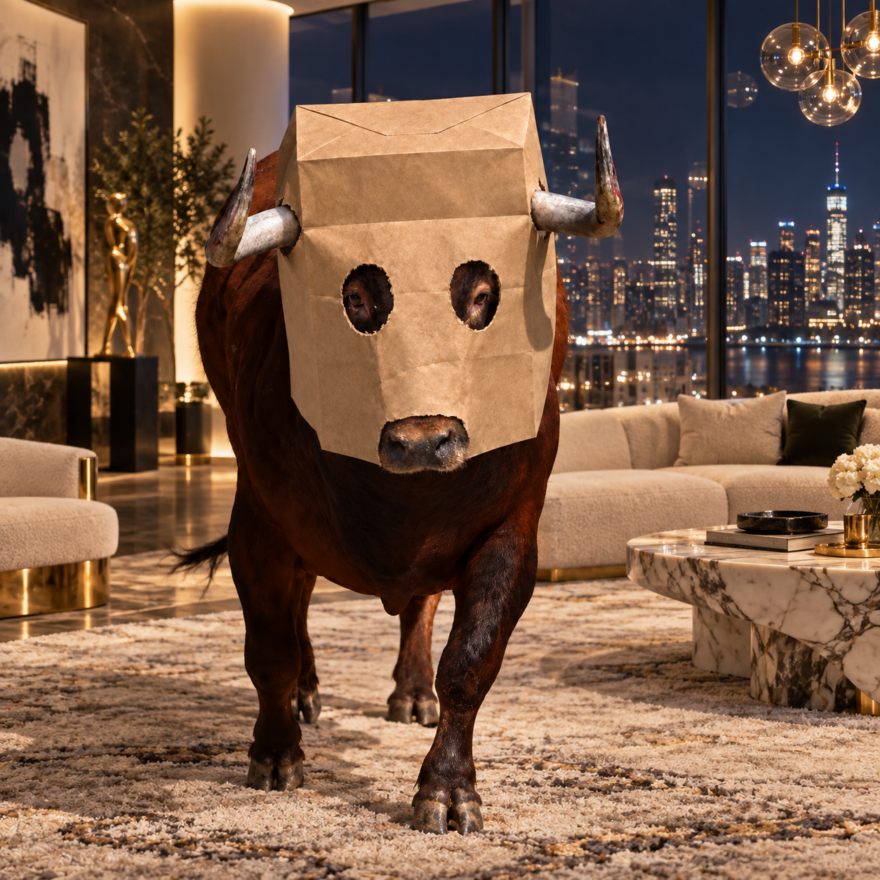 Paper-bag bull in a penthouse overlooking the city at night.